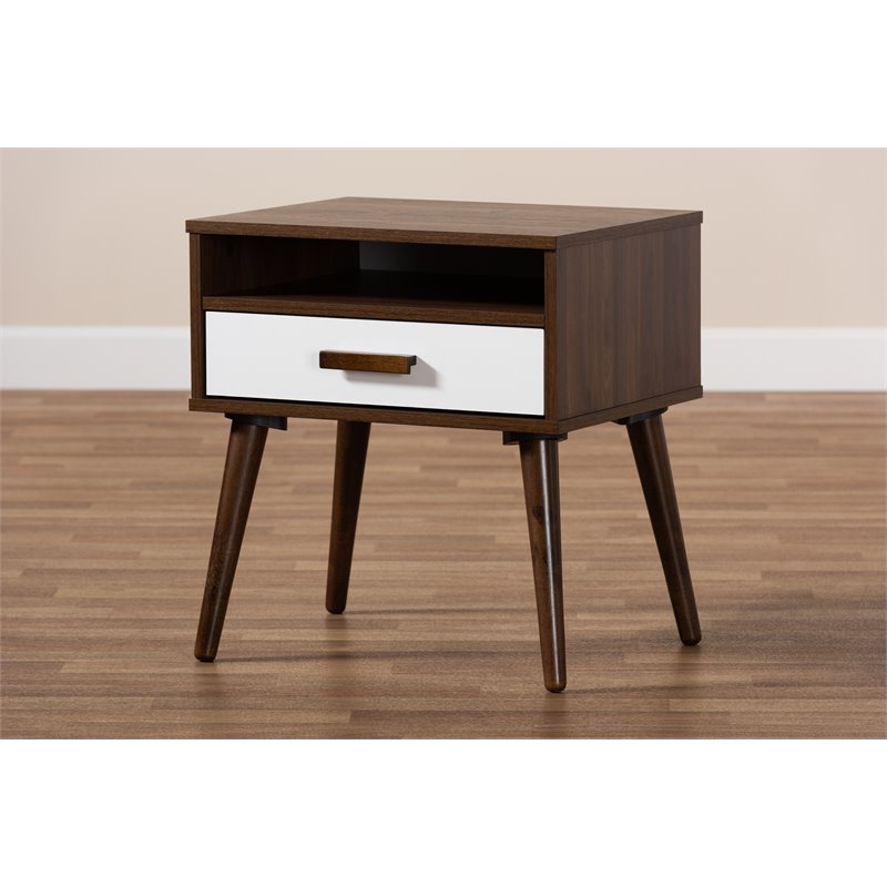 Baxton Studio Quinn White and Brown Finished 1 Drawer Wood End Table