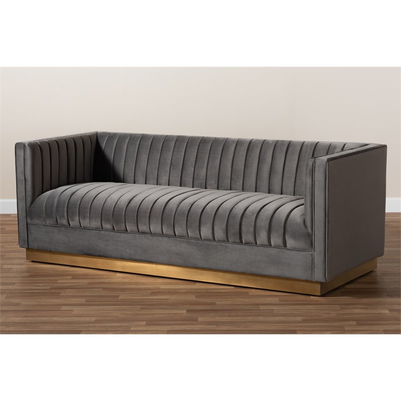 Baxton Studio Aveline Gray Velvet Upholstered Gold Finished Sofa