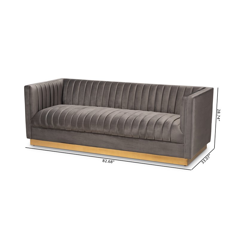 Baxton Studio Aveline Gray Velvet Upholstered Gold Finished Sofa