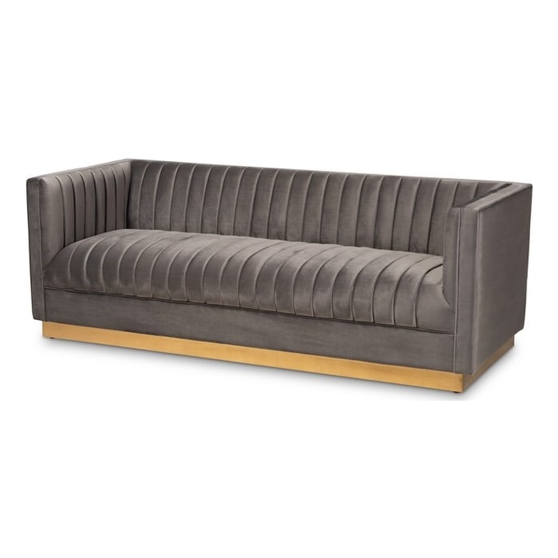 Baxton Studio Aveline Gray Velvet Upholstered Gold Finished Sofa