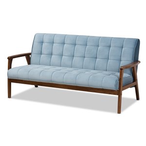 Baxton Studio Asta Light Blue Velvet Upholstered Walnut Wood Sofa