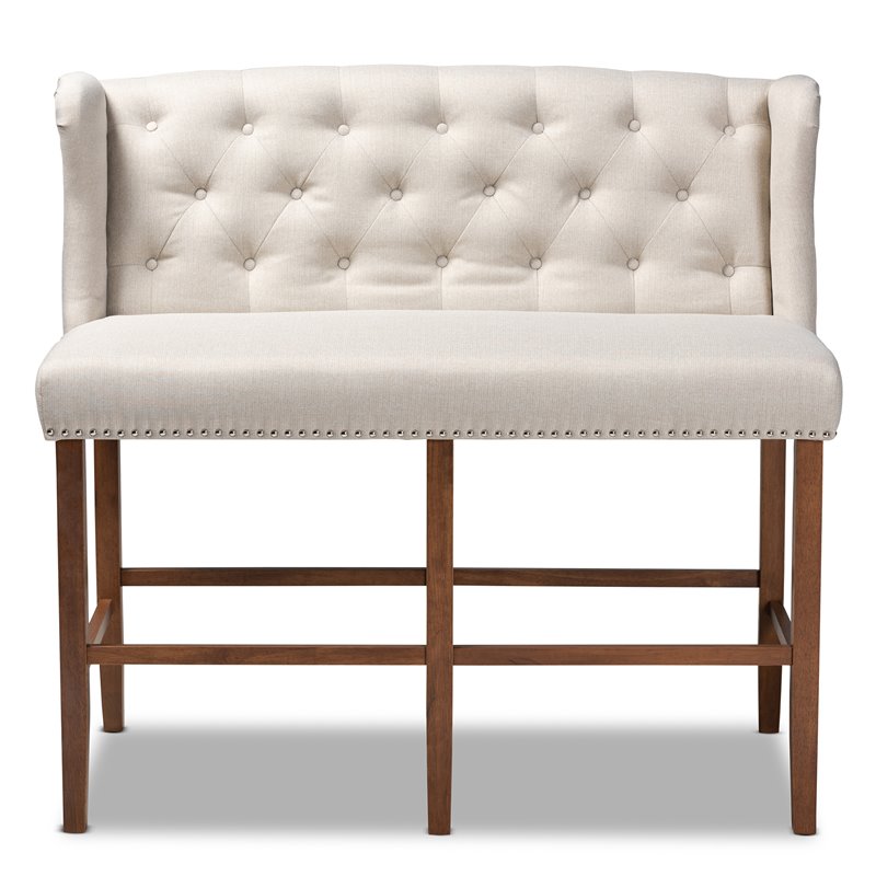 Baxton Studio Alira Beige Upholstered Walnut Finished Bar Stool Bench