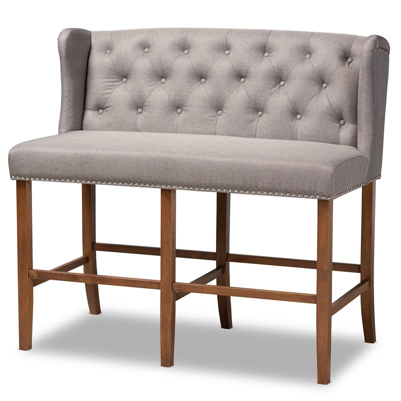 Baxton Studio Alira Grey Upholstered Walnut Finished Bar Stool Bench