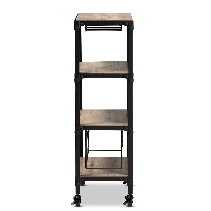 Baxton Studio Swanson Black Metal Oak Wood Mobile Kitchen Bar Cart