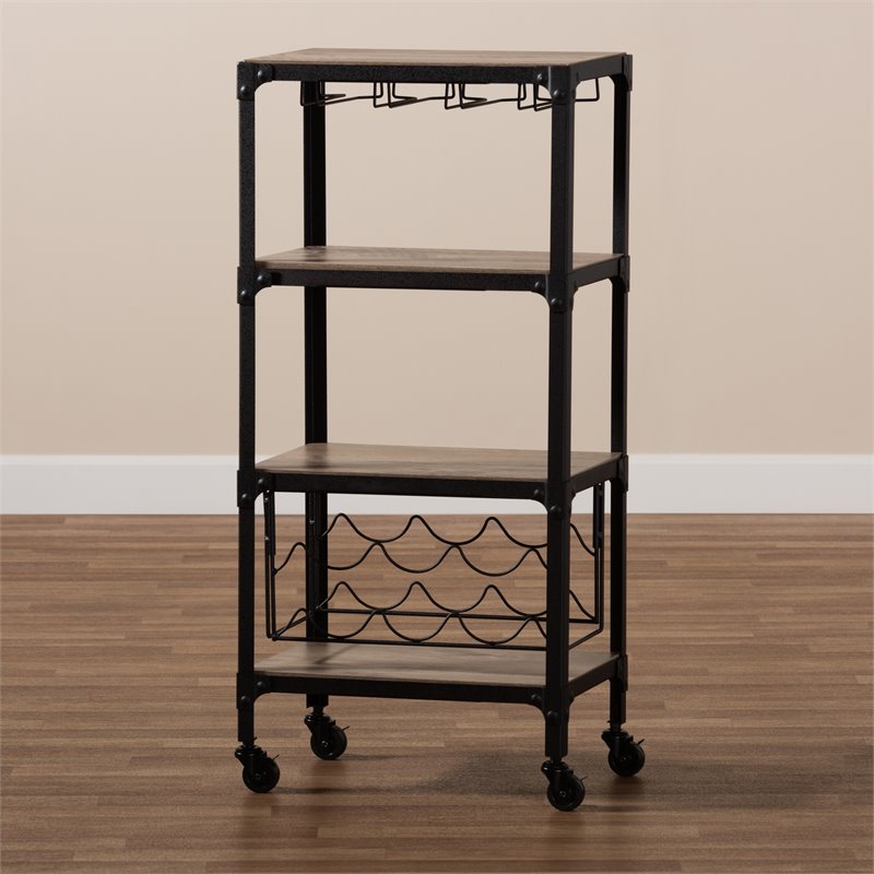 Baxton Studio Swanson Black Metal Oak Wood Mobile Kitchen Bar Cart