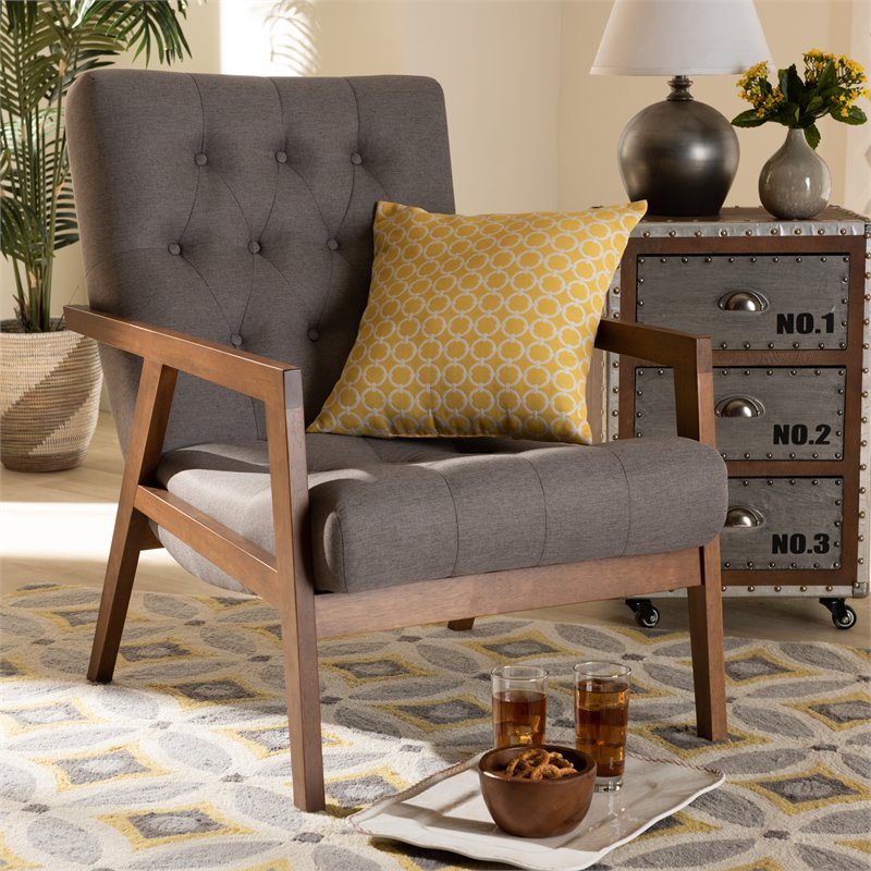 Baxton Studio Naeva Grey Upholstered Walnut Finished Wood Armchair