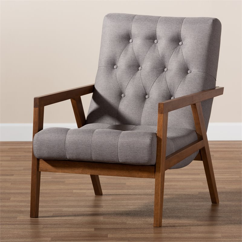Baxton Studio Naeva Grey Upholstered Walnut Finished Wood Armchair