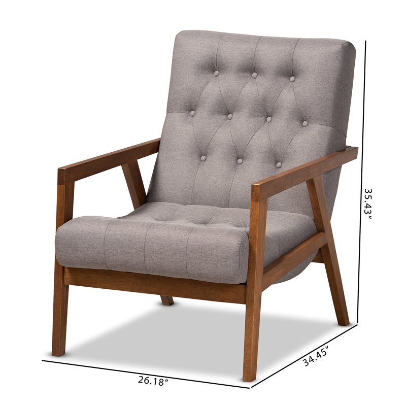 Baxton Studio Naeva Grey Upholstered Walnut Finished Wood Armchair