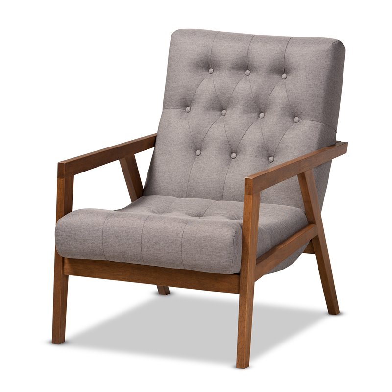 Baxton Studio Naeva Grey Upholstered Walnut Finished Wood Armchair
