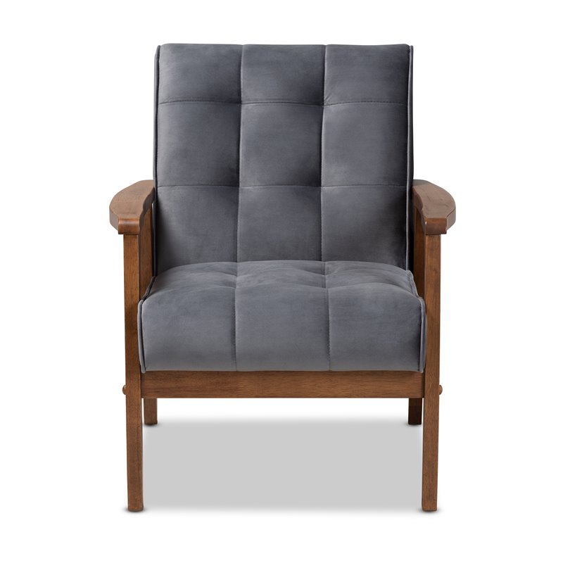 Baxton Studio Asta Grey Velvet Upholstered Walnut Wood Armchair