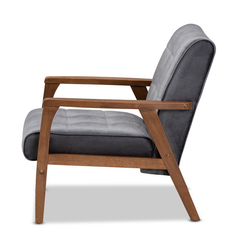 Baxton Studio Asta Grey Velvet Upholstered Walnut Wood Armchair