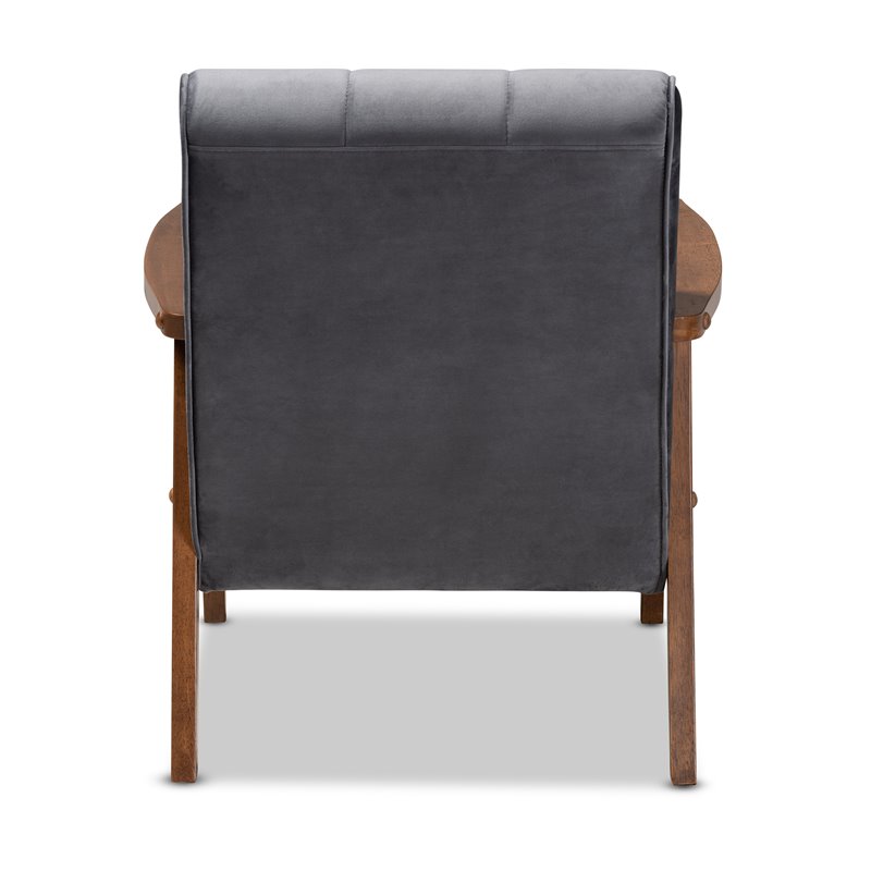 Baxton Studio Asta Grey Velvet Upholstered Walnut Wood Armchair