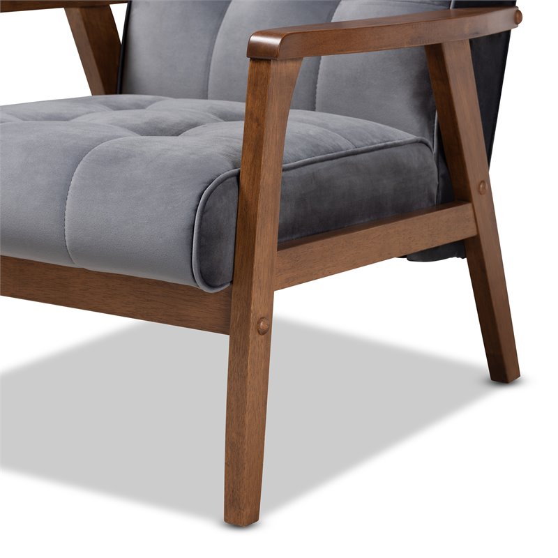 Baxton Studio Asta Grey Velvet Upholstered Walnut Wood Armchair