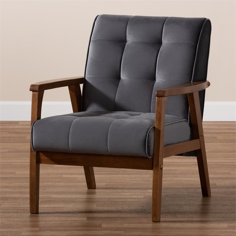 Baxton Studio Asta Grey Velvet Upholstered Walnut Wood Armchair