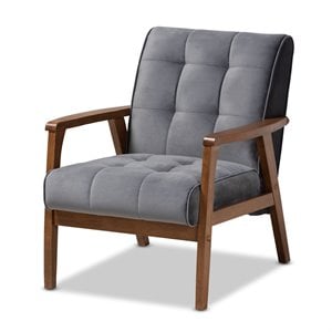 Baxton Studio Asta Grey Velvet Upholstered Walnut Wood Armchair