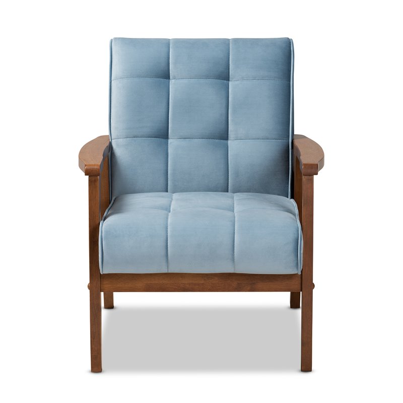 Baxton Studio Asta Light Blue Velvet Upholstered Walnut Wood Armchair