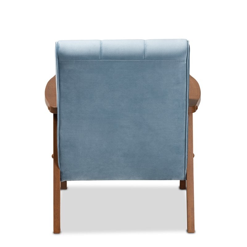Baxton Studio Asta Light Blue Velvet Upholstered Walnut Wood Armchair