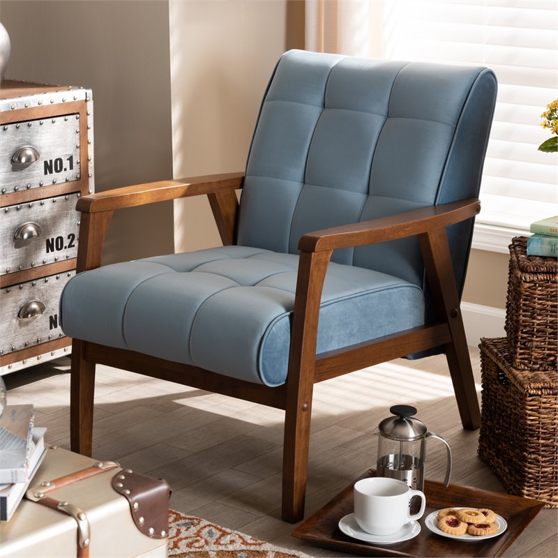 Baxton Studio Asta Light Blue Velvet Upholstered Walnut Wood Armchair