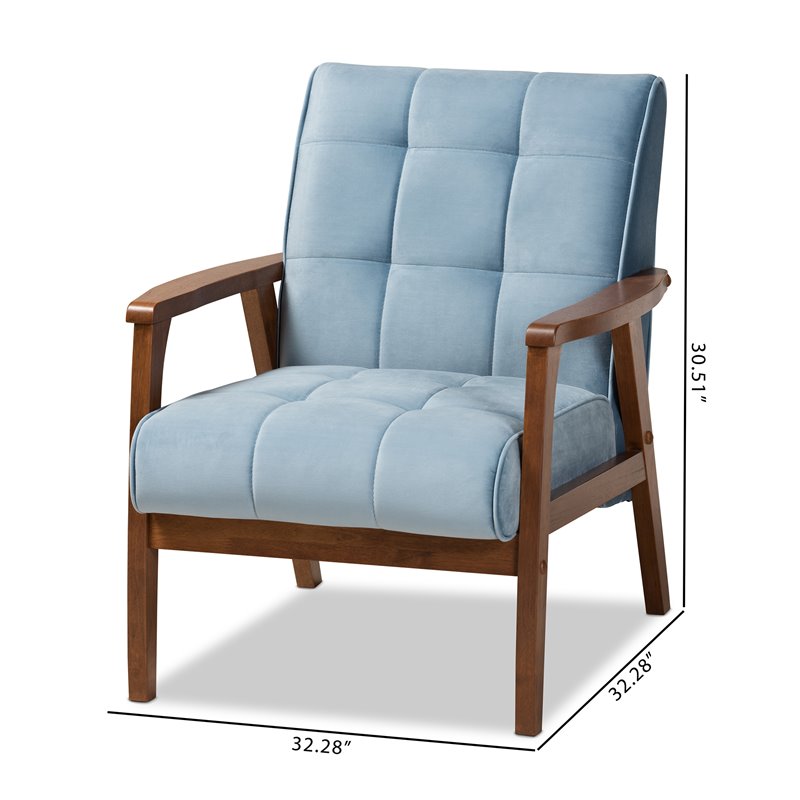 Baxton Studio Asta Light Blue Velvet Upholstered Walnut Wood Armchair