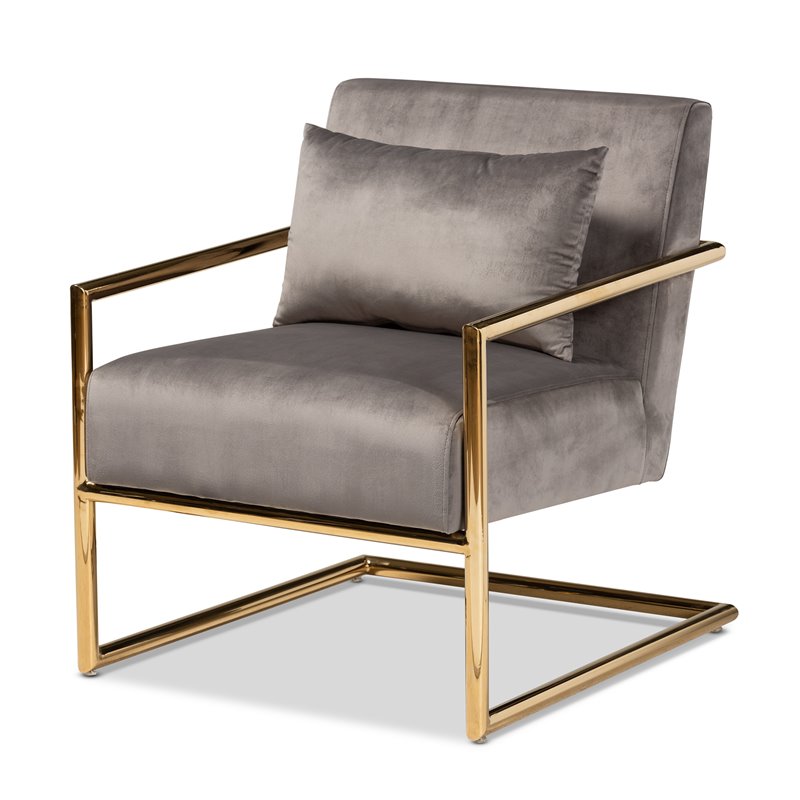 Baxton Studio Mira Grey Velvet Upholstered Gold Metal Lounge Chair