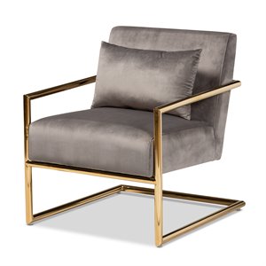 baxton studio mira grey velvet upholstered gold metal lounge chair