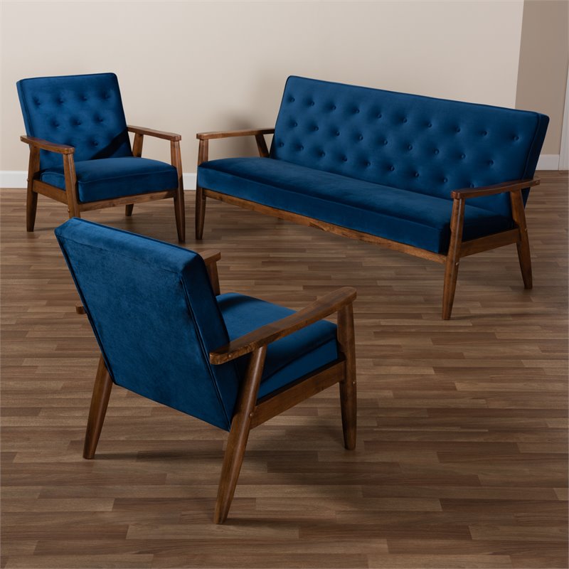 Baxton Studio Sorrento Navy Blue Velvet 3-Piece Living Room Set