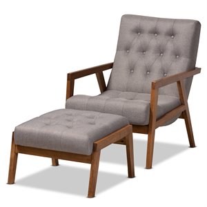 baxton studio naeva grey upholstered wood armchair and footstool set