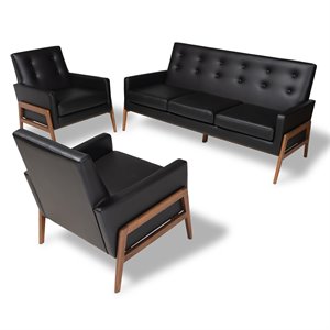 Baxton Studio Perris Black Upholstered Wood 3-Piece Living Room Set