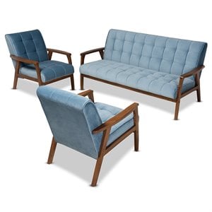 Baxton Studio Asta Light Blue Velvet Upholstered Wood 3-Piece Living Room Set