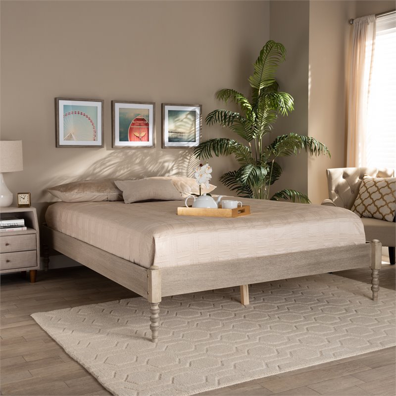 Baxton Studio Cielle Mid-Century Wood Platform Queen Bed in Antique White