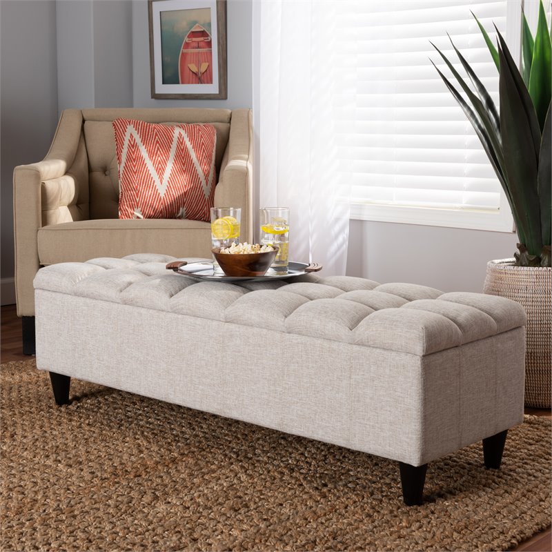 Baxton Studio Brette Beige Upholstered Dark Brown Wood Bench Ottoman
