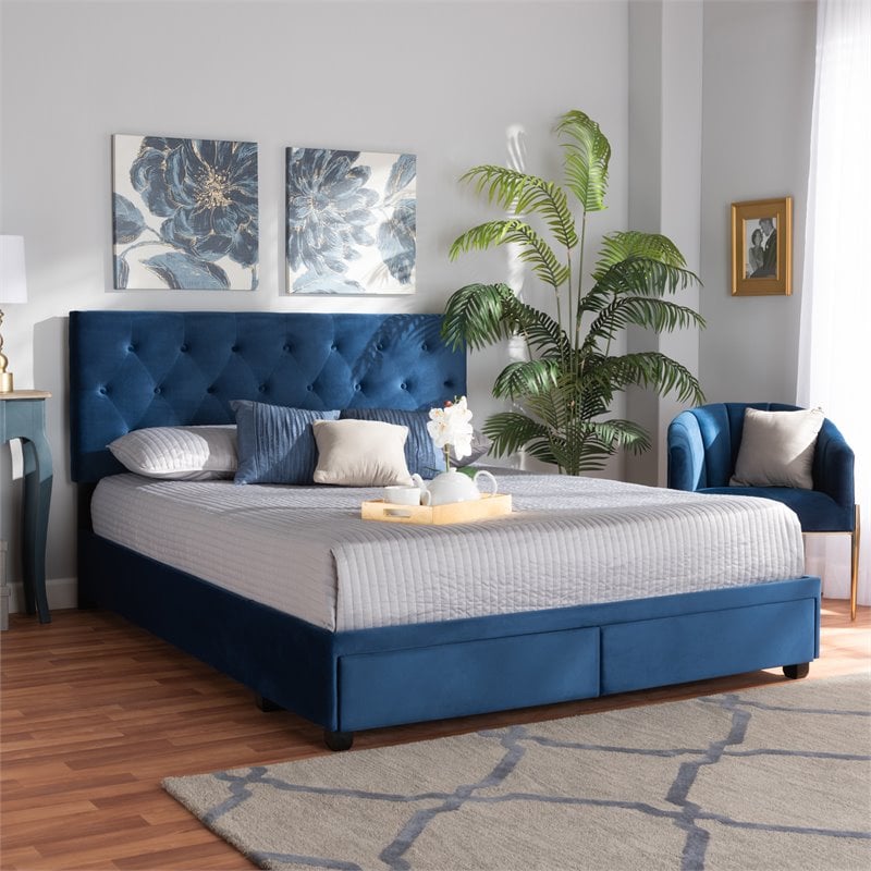 Baxton Studio Caronia Modern Velvet Tufted Platform Storage Queen Bed in Blue