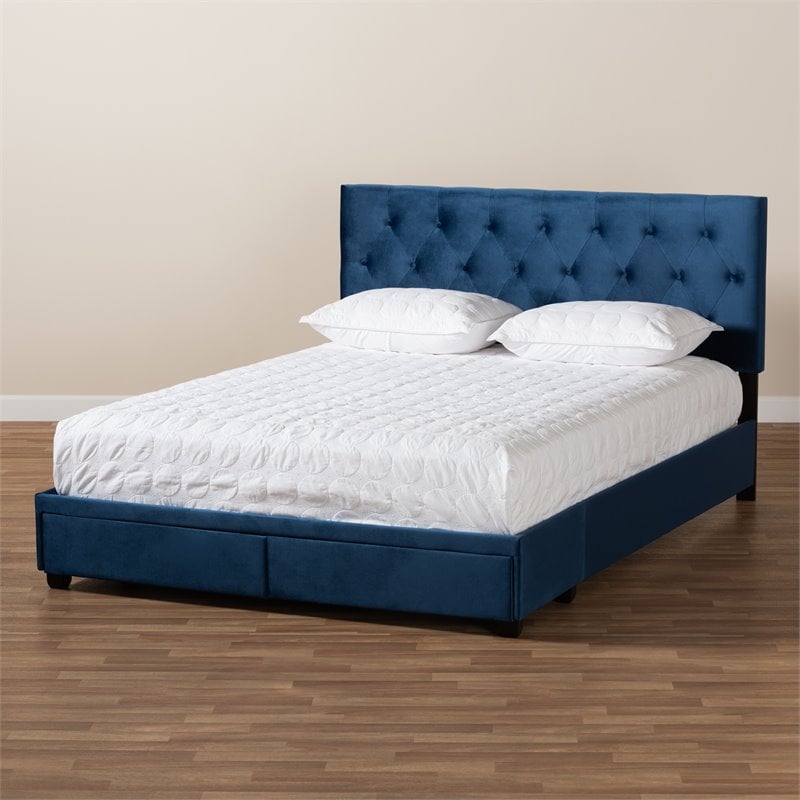 Baxton Studio Caronia Modern Velvet Tufted Platform Storage Queen Bed in Blue