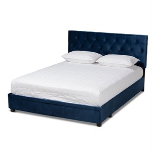 Baxton Studio Caronia Modern Velvet Tufted Platform Storage Queen Bed in Blue