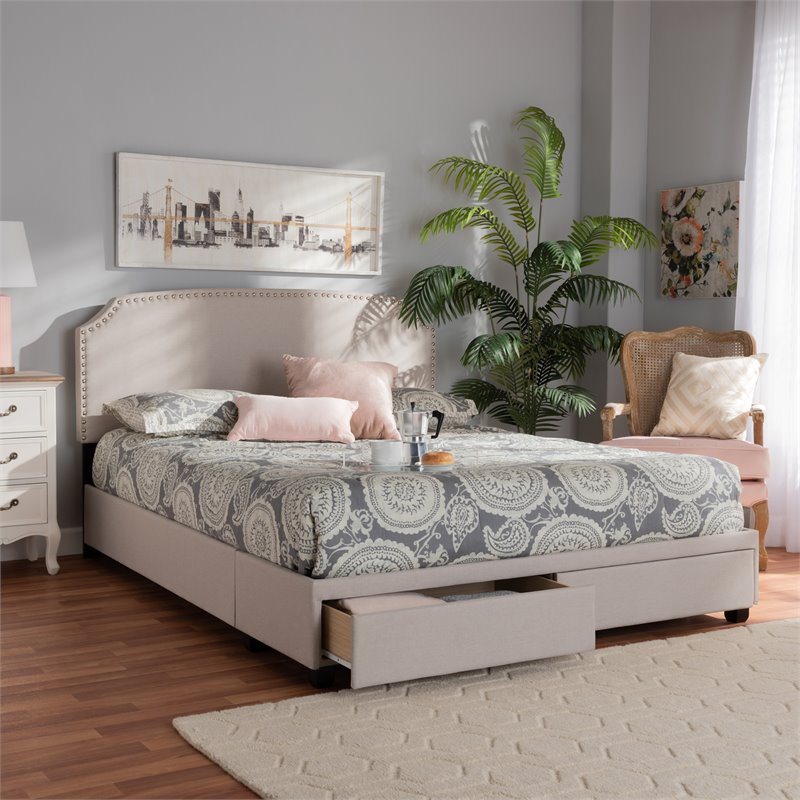 Baxton Studio Larese Fabric Upholstered Platform Storage Queen Bed in Beige