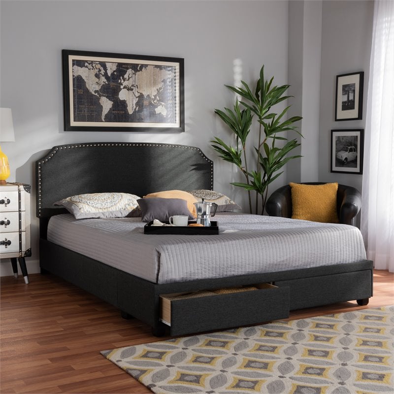Baxton Studio Larese Fabric Upholstered Platform Storage Queen Bed in Dark Gray