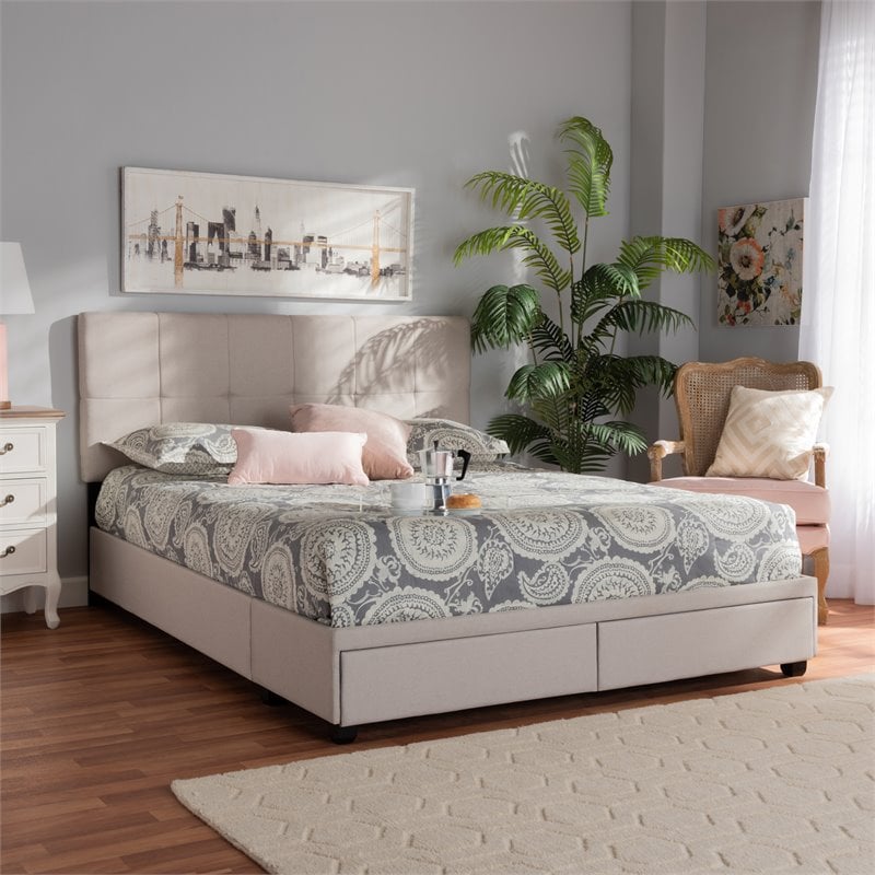 Baxton Studio Netti Fabric Tufted Platform Storage King Bed in Beige