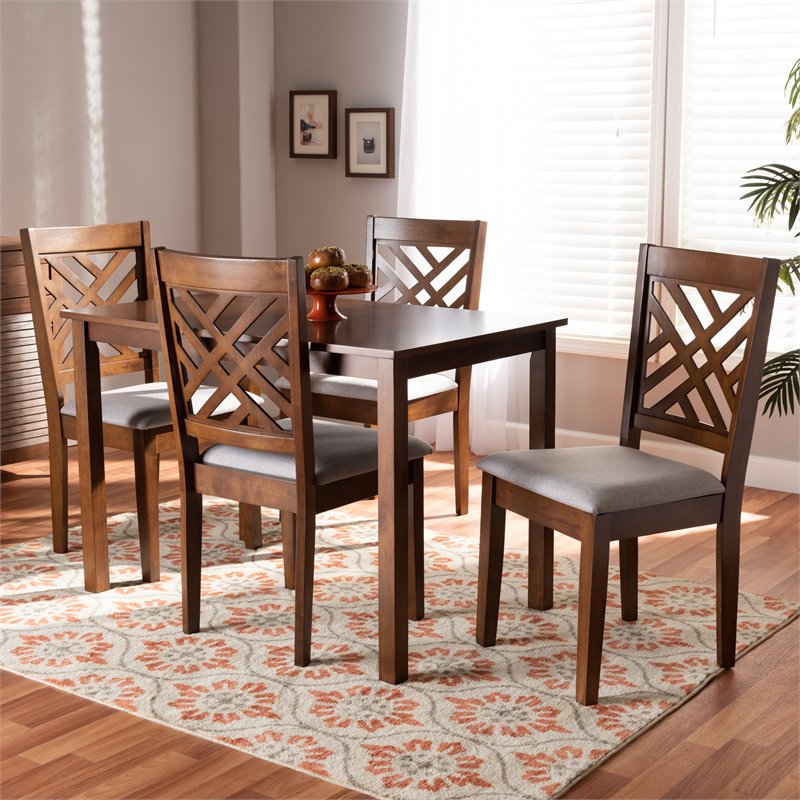 Baxton Studio Caron Upholstered Walnut Wood 5-Piece Dining Set in Gray