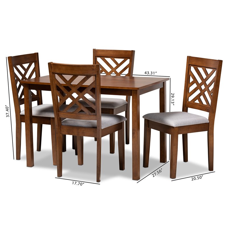 Baxton Studio Caron Upholstered Walnut Wood 5-Piece Dining Set in Gray