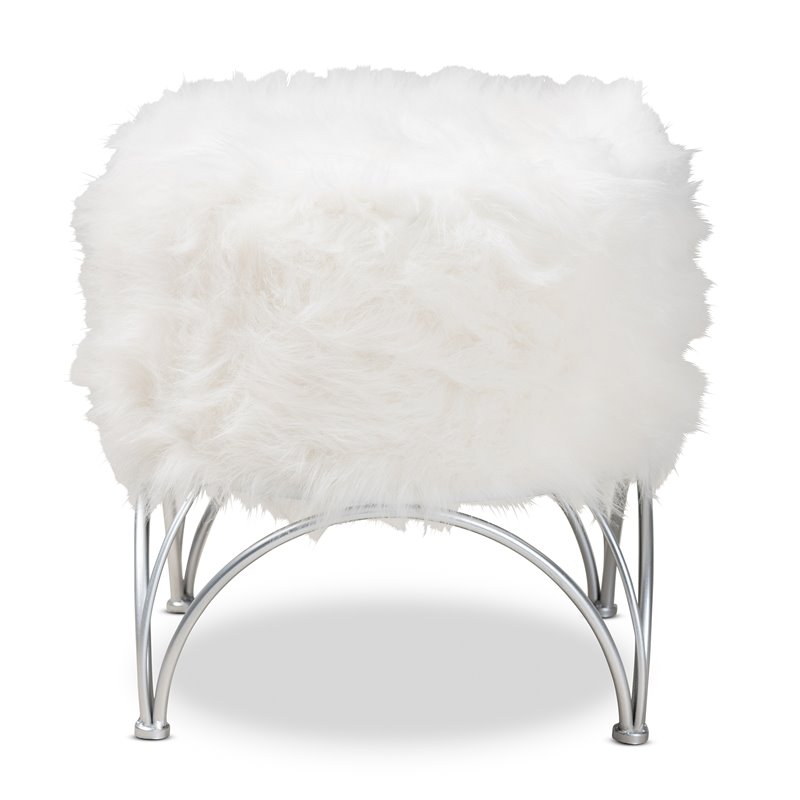 Baxton Studio Celia Faux Fur Upholstered Silver Metal Ottoman in White