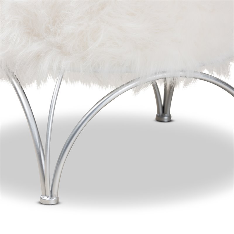 Baxton Studio Celia Faux Fur Upholstered Silver Metal Ottoman in White