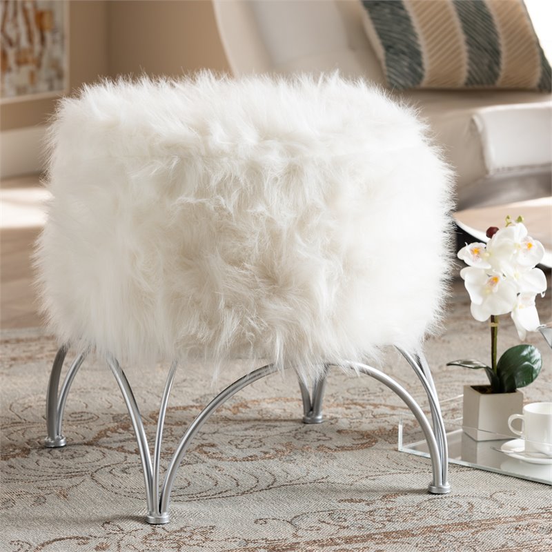 Baxton Studio Celia Faux Fur Upholstered Silver Metal Ottoman in White
