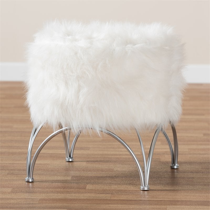 Baxton Studio Celia Faux Fur Upholstered Silver Metal Ottoman in White
