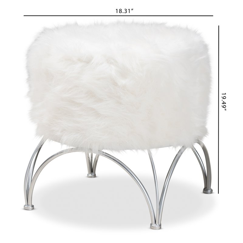 Baxton Studio Celia Faux Fur Upholstered Silver Metal Ottoman in White