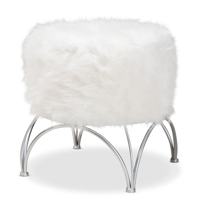 Baxton Studio Celia Faux Fur Upholstered Silver Metal Ottoman in White