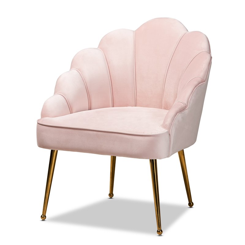 Baxton Studio Cinzia Velvet and Gold Finish Seashell Accent Chair in Light Pink