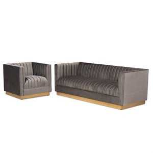 Baxton Studio Aveline Modern Velvet Brushed Gold 2-Piece Living Room Set in Gray