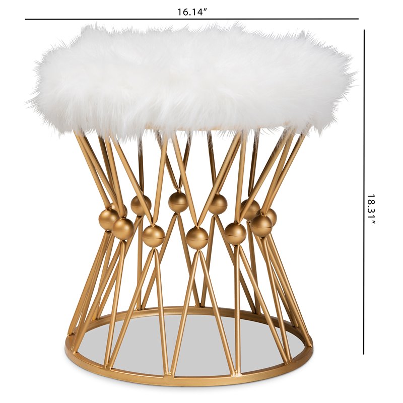 Baxton Studio Leonie Faux Fur Upholstered Gold Finish Metal Ottoman in White
