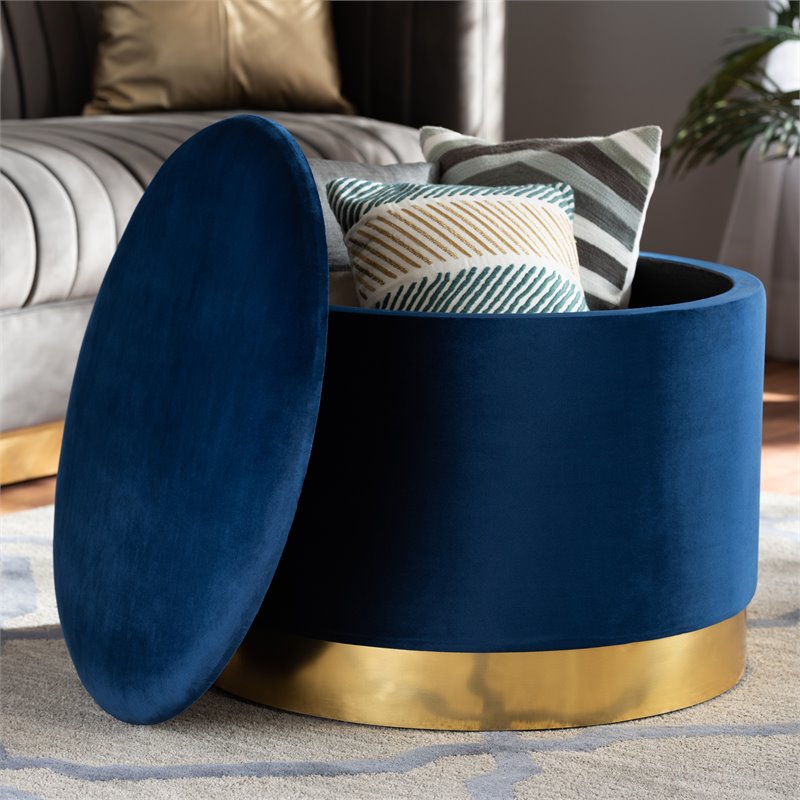 Baxton Studio Marisa Navy Blue Velvet Upholstered Gold Finished Storage Ottoman