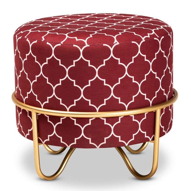 Baxton Studio Candice Red Quatrefoil Velvet Upholstered Metal Ottoman